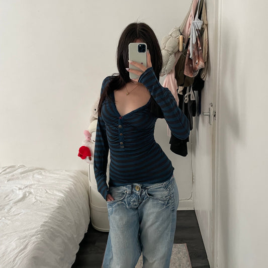 miss sixty grunge sleaze striped teal black v neck ruched mix button fitted long sleeve top