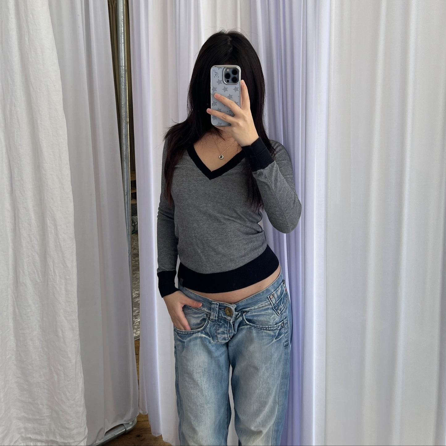 Black White G-star Raw Striped V Neck Contrast Hem Sweater