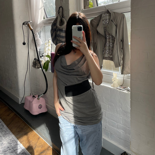 Miss Sixty 银卡其灰垂褶宽松束腰背心，松紧腰长款束腰上衣