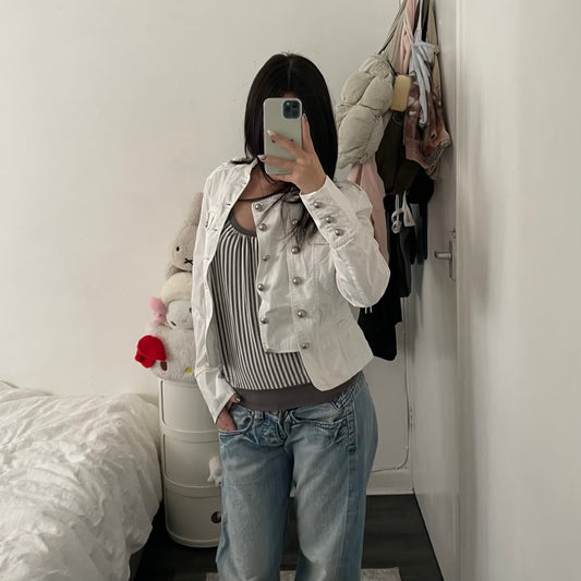 my collection white corpcore military style dual button picot lace jacket