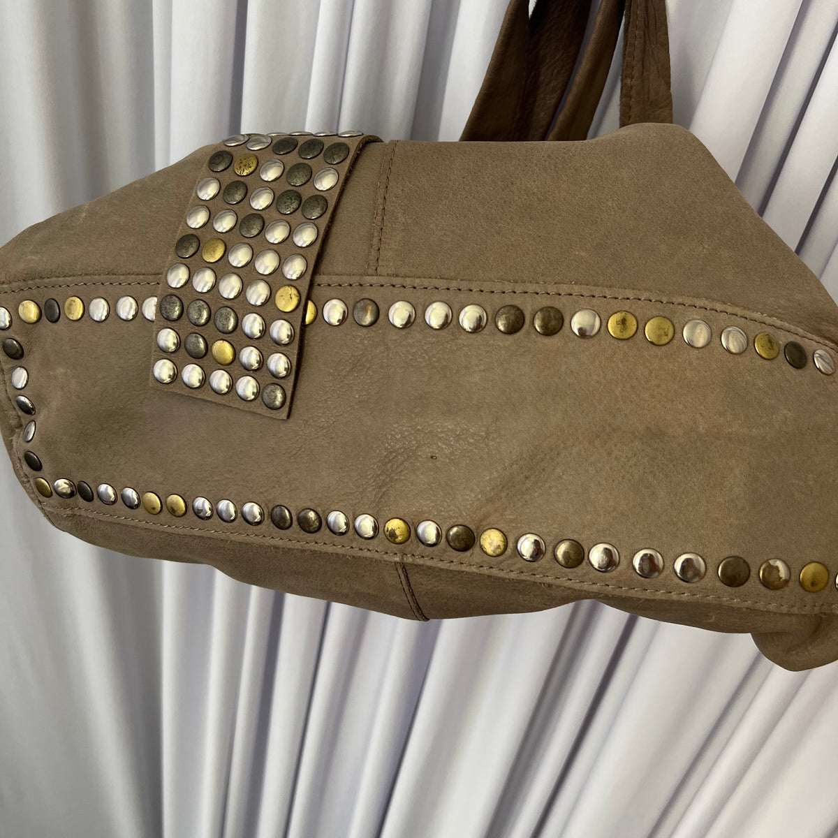 Taupe Brown Leather Studded Fold Over Slouchy Shoulder Bag