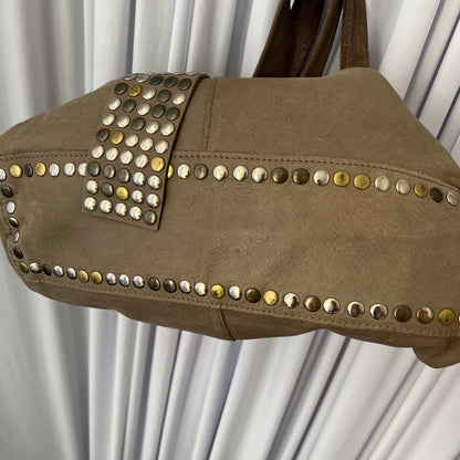 Taupe Brown Leather Studded Fold Over Slouchy Shoulder Bag