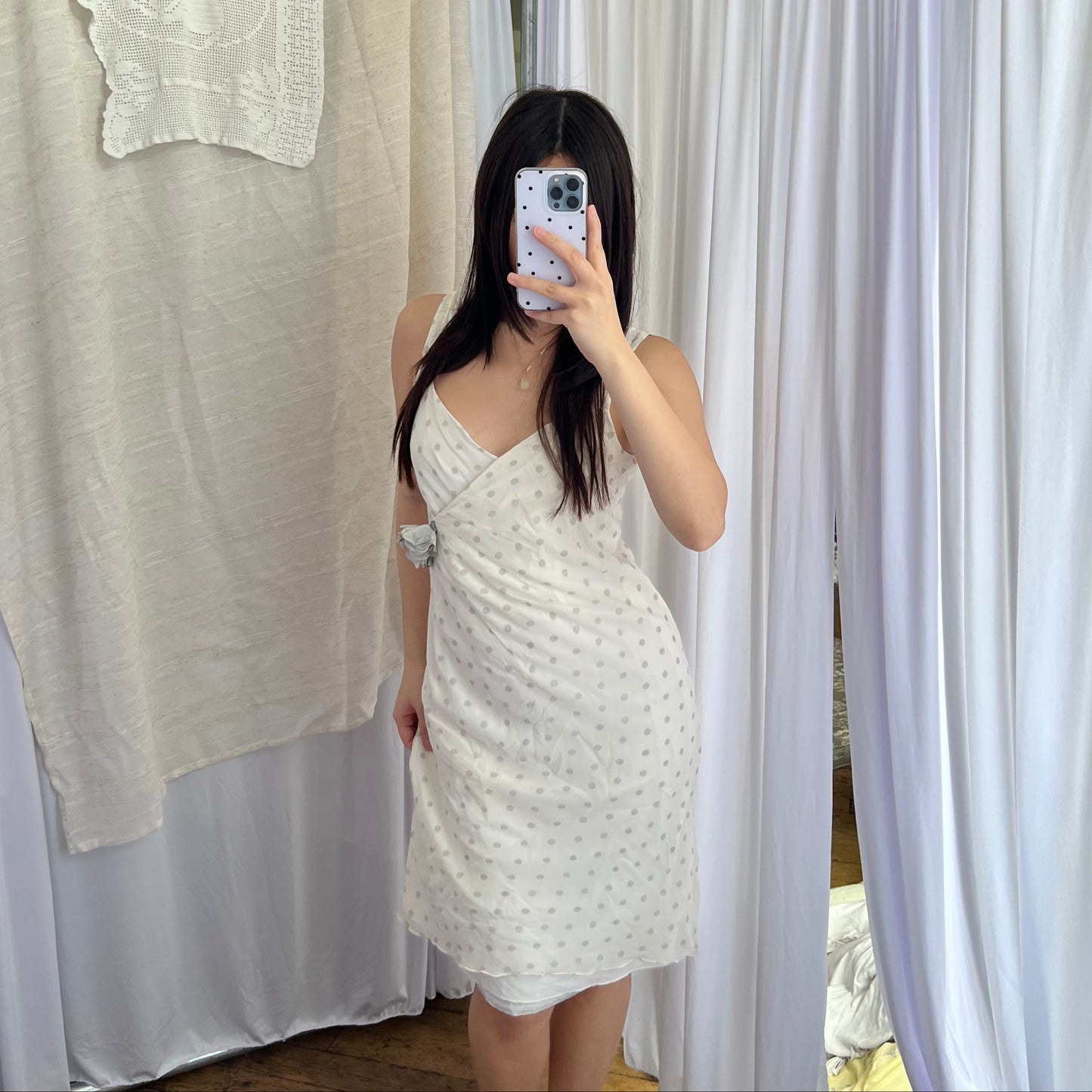 Eurosummer Xavanne White Grey Rosette Silk Polka Dot Wrap Bust Midi Dress