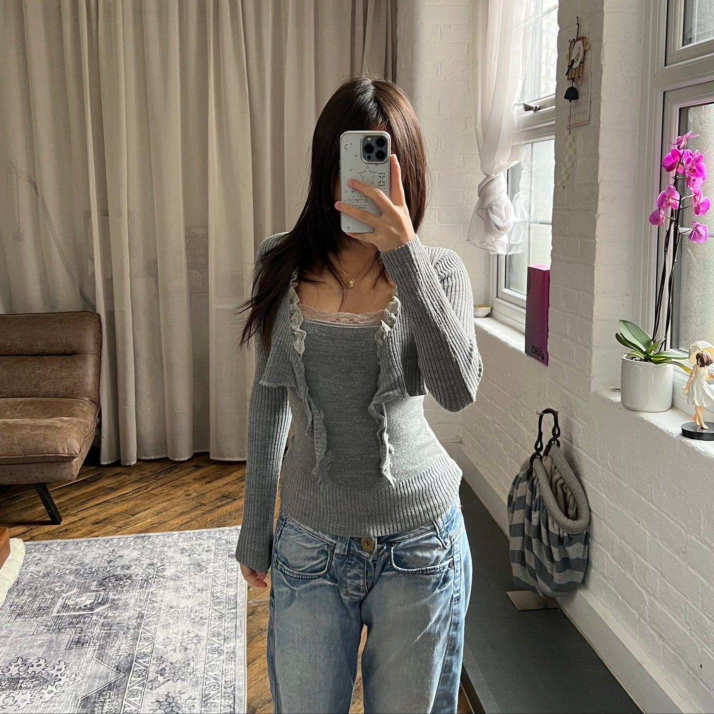 lilu mecredi frilly grey lace trim long sleeve knit bolero and cami two in one layered top