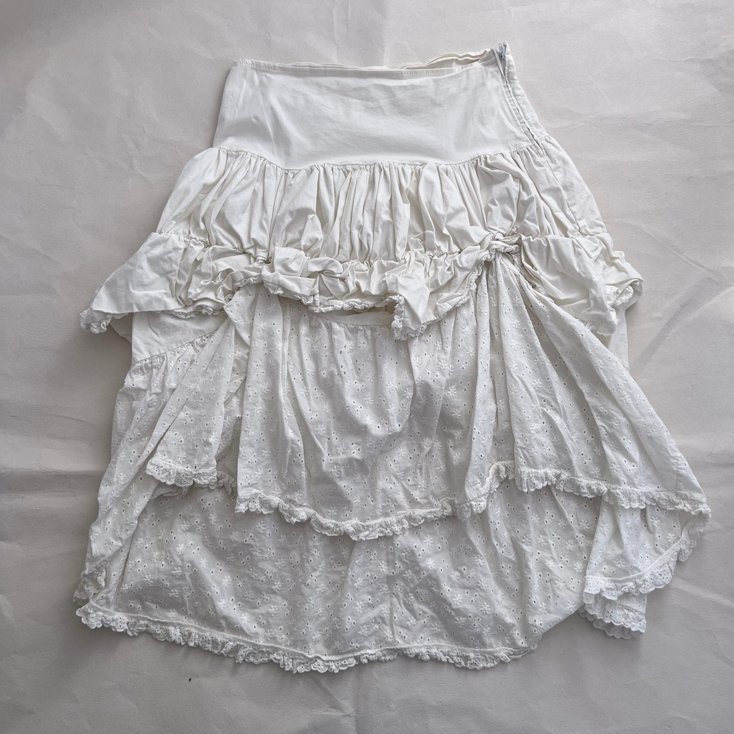 Prairie White Ruched Flared Broderie Anglaise Midi Skirt