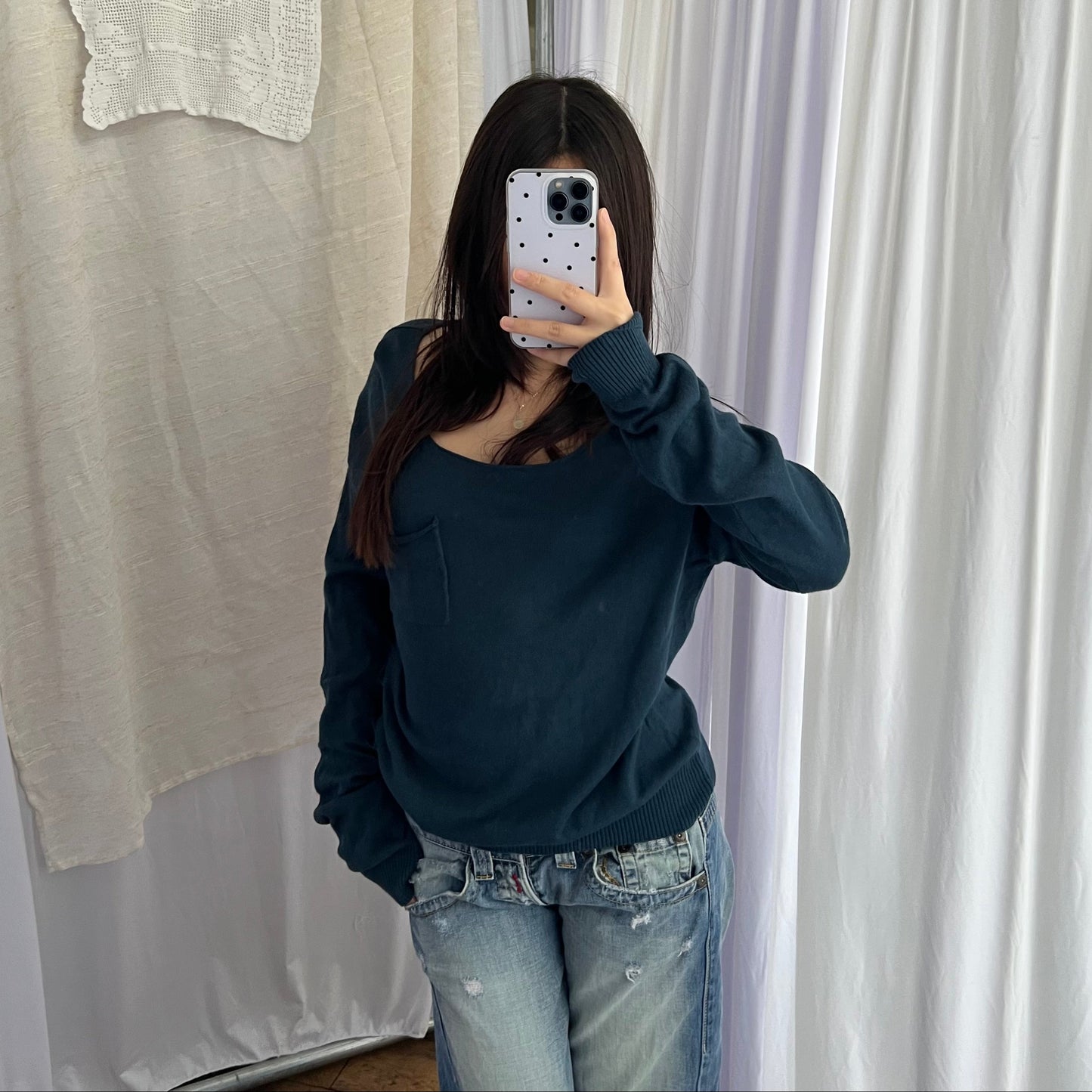 Vintage Tricot & Co Petrol Blue Round Neck Fine Knit Pocket Sweater