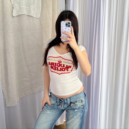Western Blugirls Folies White Cap Sleeve Shirt With Yellow Red Print