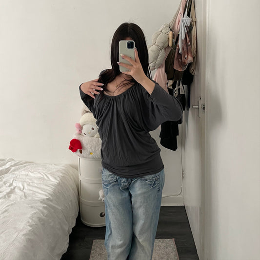 grey draped 3/4 sleeve tunic elastic waistband top mini dress