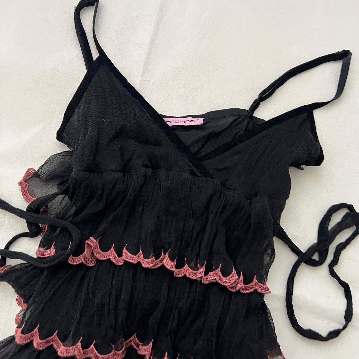 Black Silk Mauve Pink Trim Ruffle Tiered Mini Dress