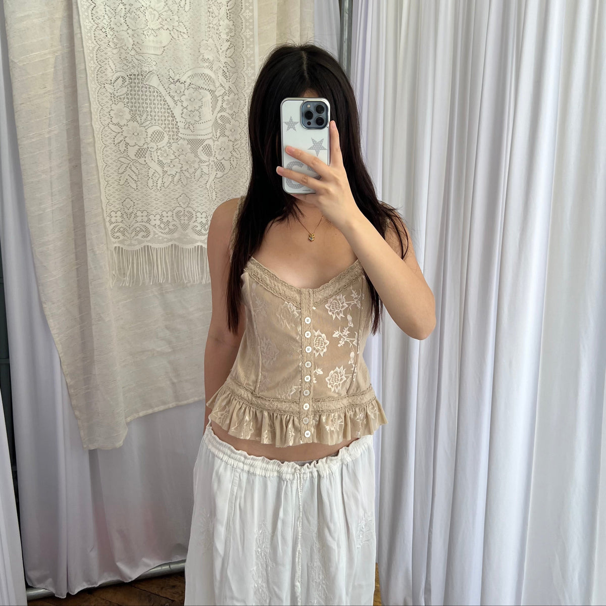 Silvian Heach Beige Embroidery Lace Romantic Ruffle Lace Up Trim Corset Top