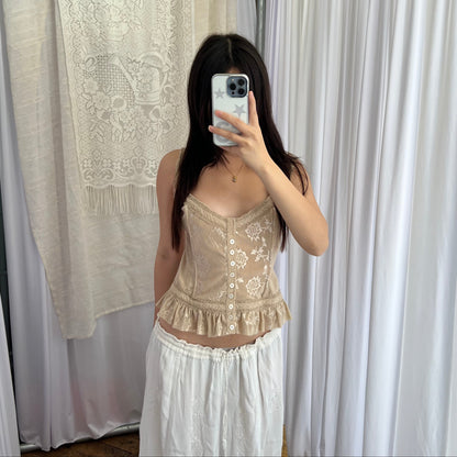 Silvian Heach Beige Embroidery Lace Romantic Ruffle Lace Up Trim Corset Top