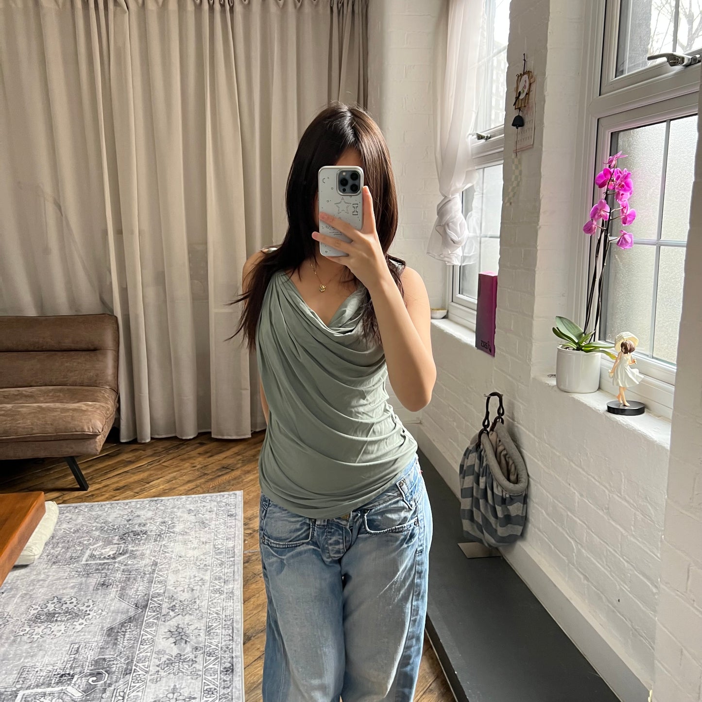 malloni sage green draped nylon ruched side sleeveless tunic vest