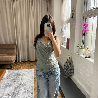 malloni sage green draped nylon ruched side sleeveless tunic vest