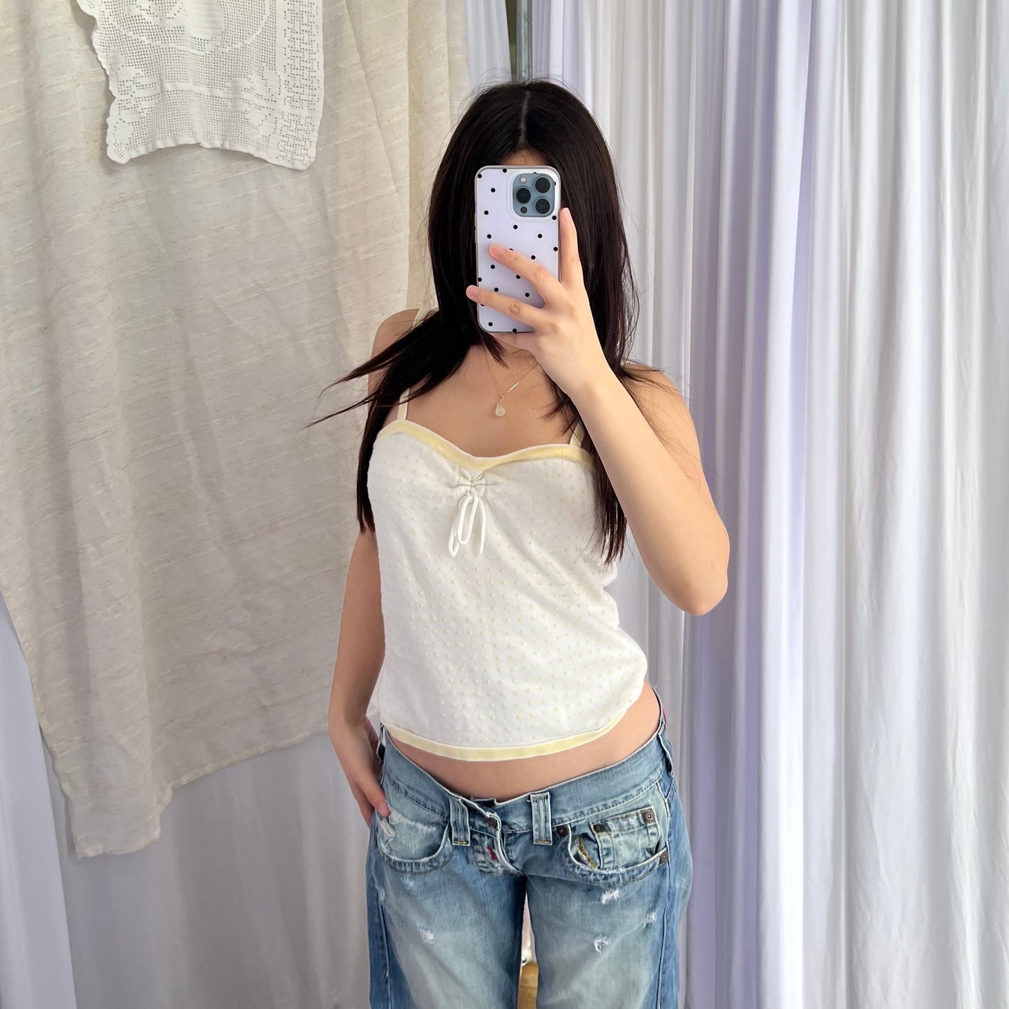 Mexx Eurosummer Preppy White Baby Yellow Polka Dot Trim Camisole
