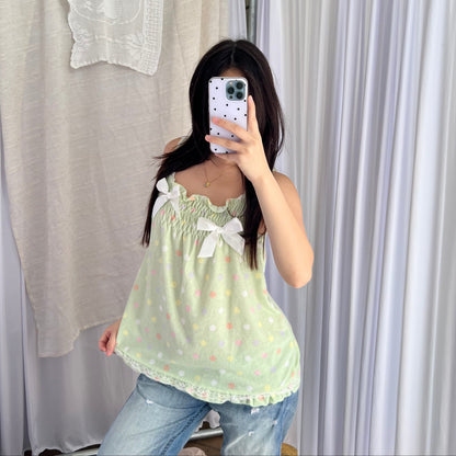 Coquette Mint Green Pastel Polka Dot Babydoll Bow Camisole