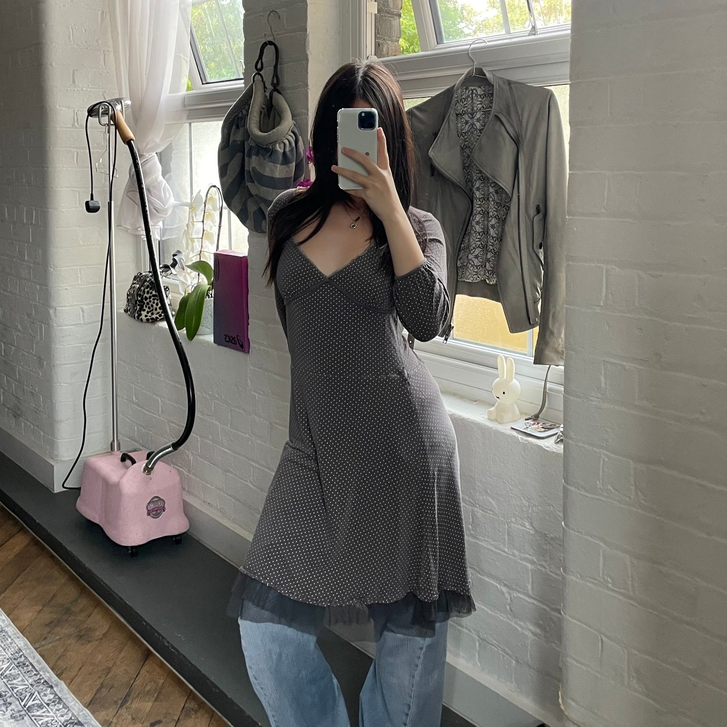 Vive Maria Dusy 紫色挤奶女工波点七分袖修身中长连衣裙