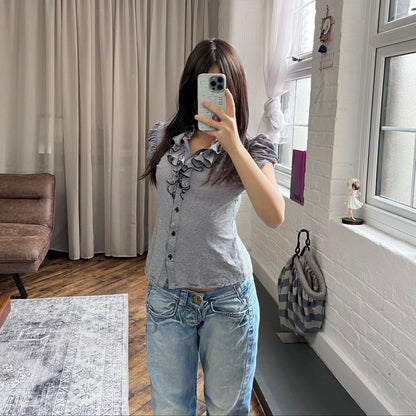 naracamicie black academia preppy ruffle striped puff sleeve collared polo style shirt