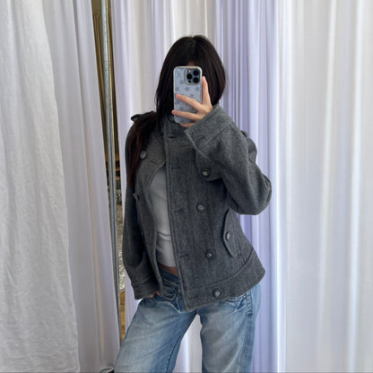 Vintage Speccio Grey Double Breasted Funnel Neck Button Accent Pea Coat