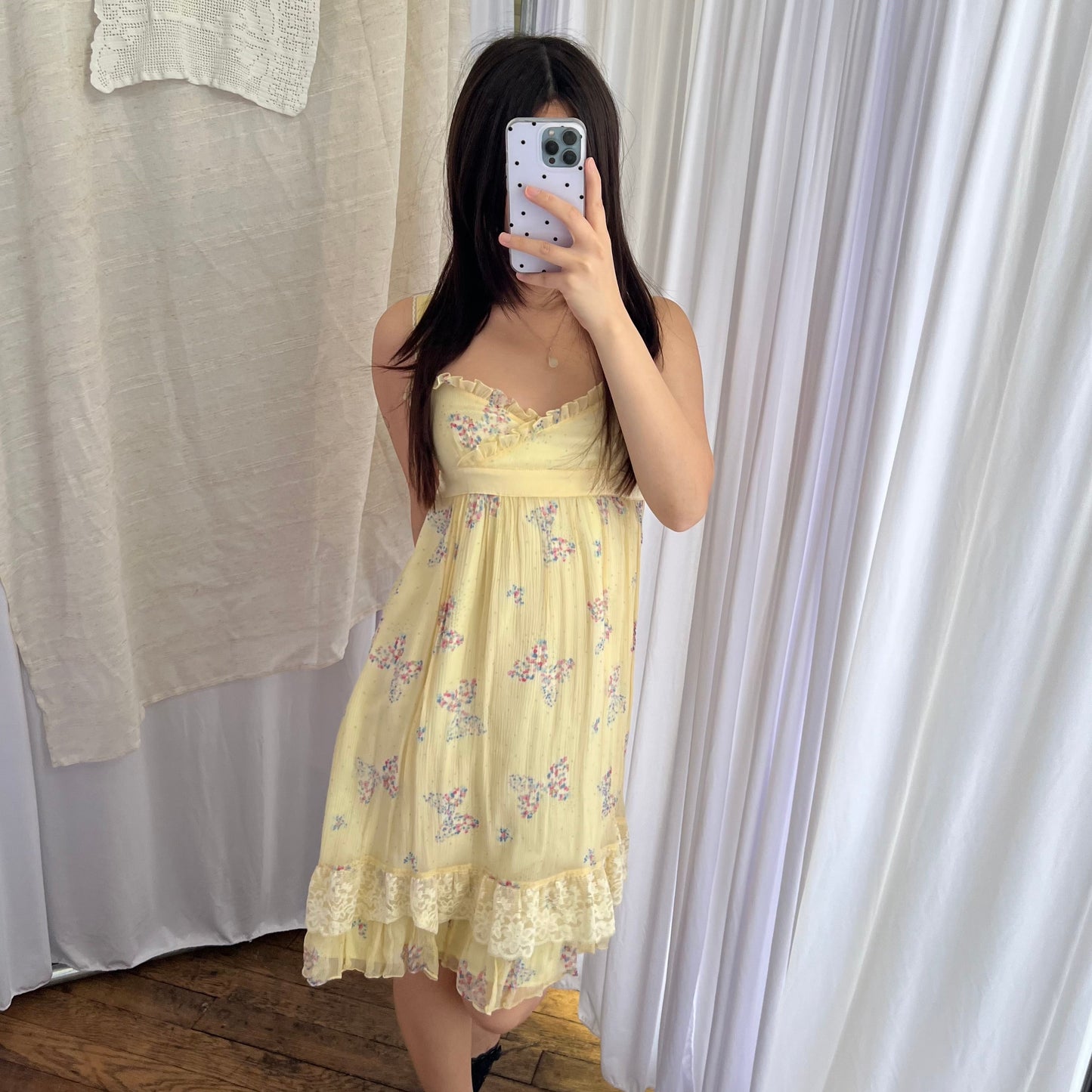 Dreamy Baby Yellow Cynthia Rowley Butterfly Frill Lace Silk Knee Length Dress