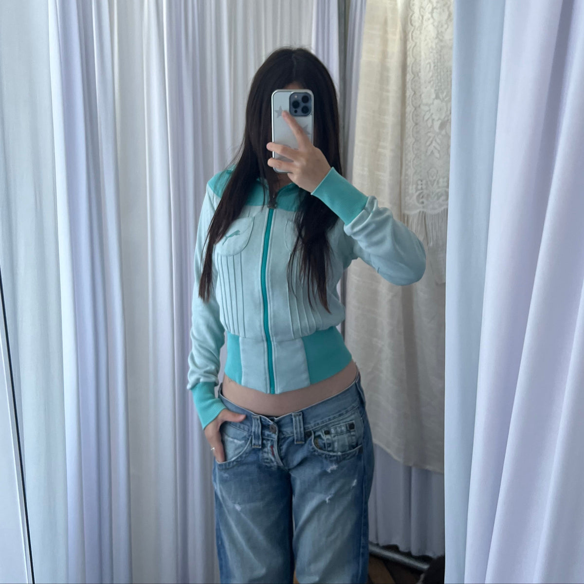 Puma Turquoise High Neck Fitted Zip Jacket Top
