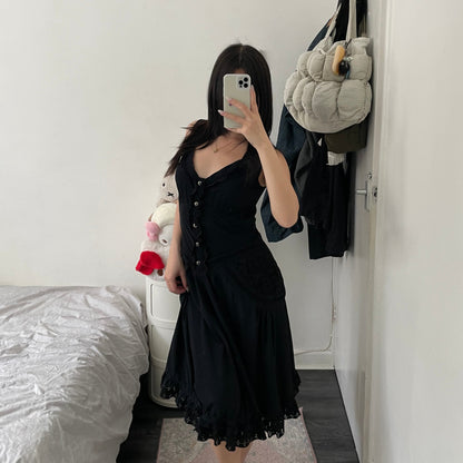 mcplanet black frilly button broderie anglaise midi dress with lacey hem