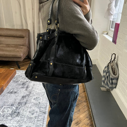 vintage selvedge black ponyhair leather buckle large tote bag