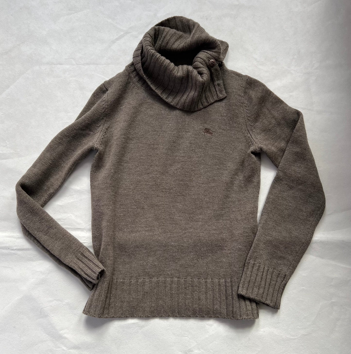 Burberry Blue Label Brown Button Accent Ribbed Turtle Neck Knit Wool Sweater