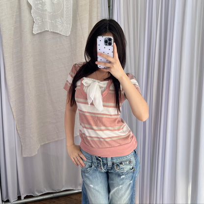 Healthy Karen Dusty Pink Candy Striped Milkmaid Ribbon Two in One Short Sleeve Top