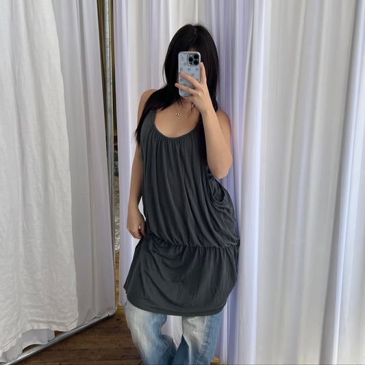 Grey Dark Green Phildar Ruched Layered Drop Waist Hem Tunic Midi Dress