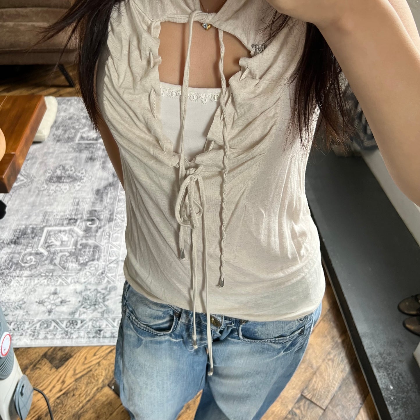 cop copine beige layered tunic ruched lace neckline blouse