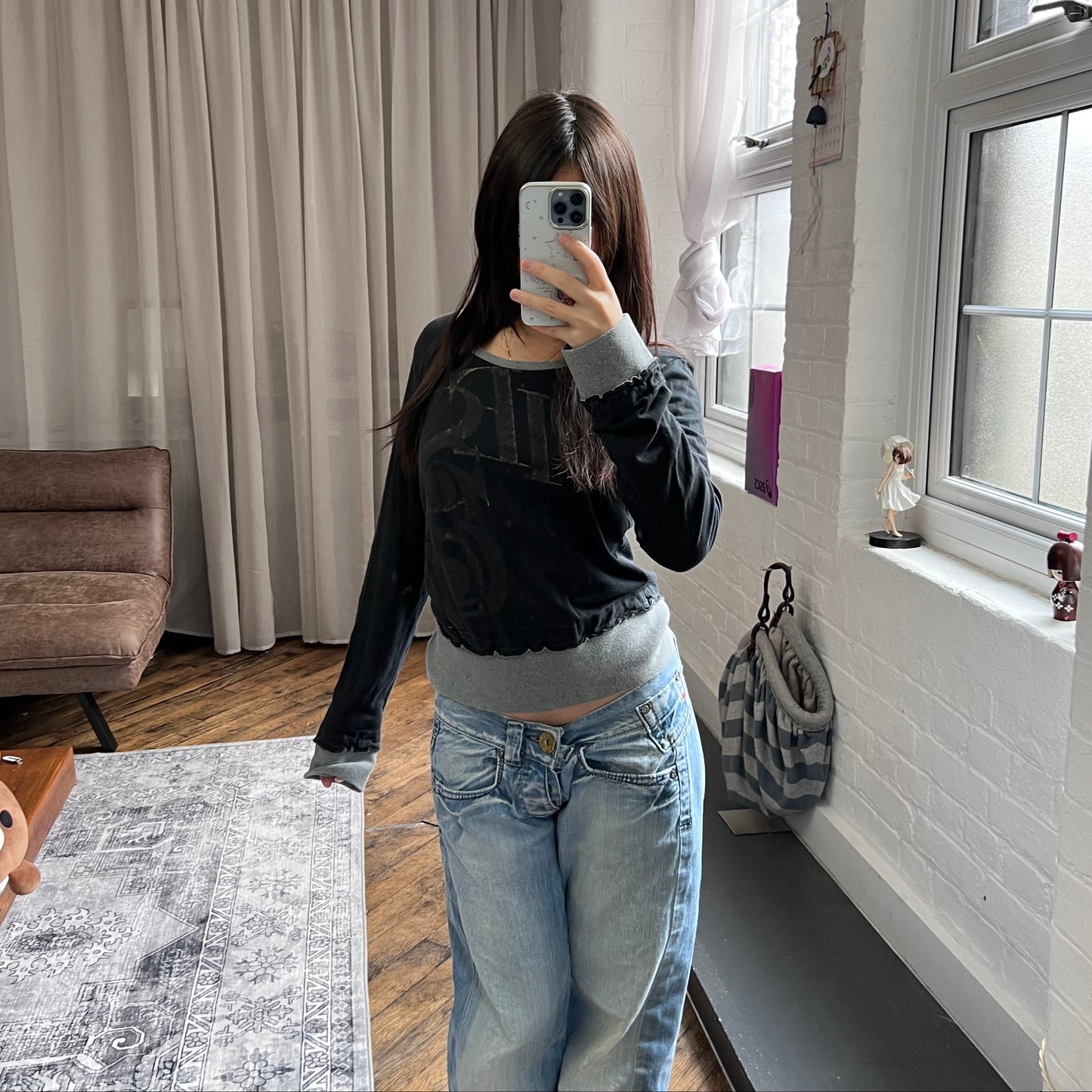 navy diesel long sleeve faded graphic grey trim sweater top