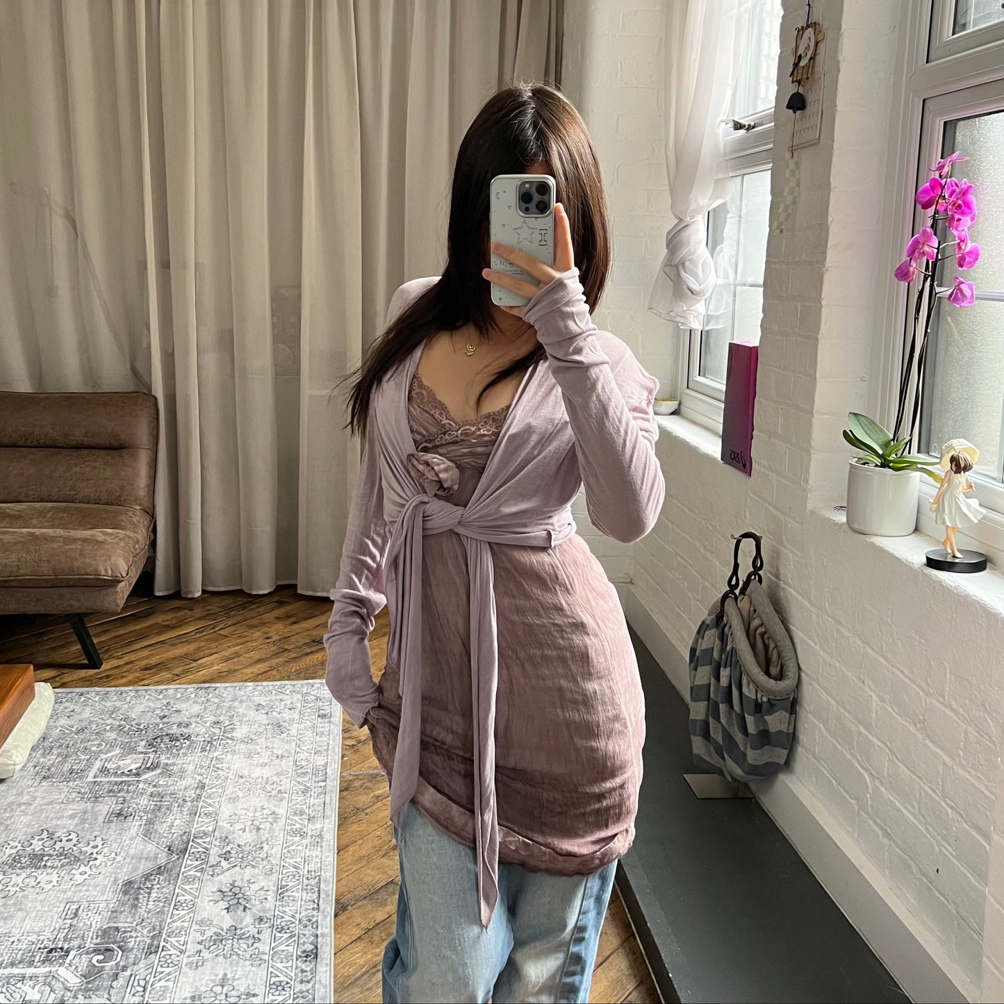 eurosummer kaos silk blend dusty purple pink lacey rosette lined mini dress