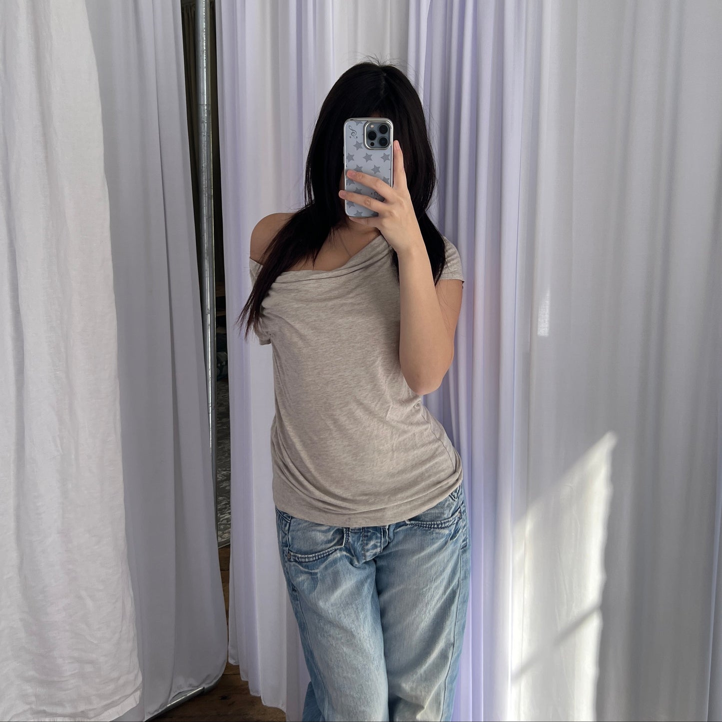 Camaieu Beige Speckled Draped Short Sleeve Blouse Top