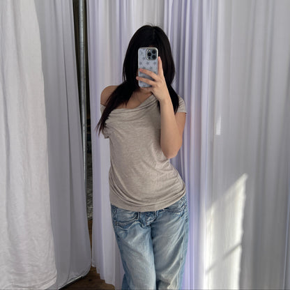 Camaieu Beige Speckled Draped Short Sleeve Blouse Top