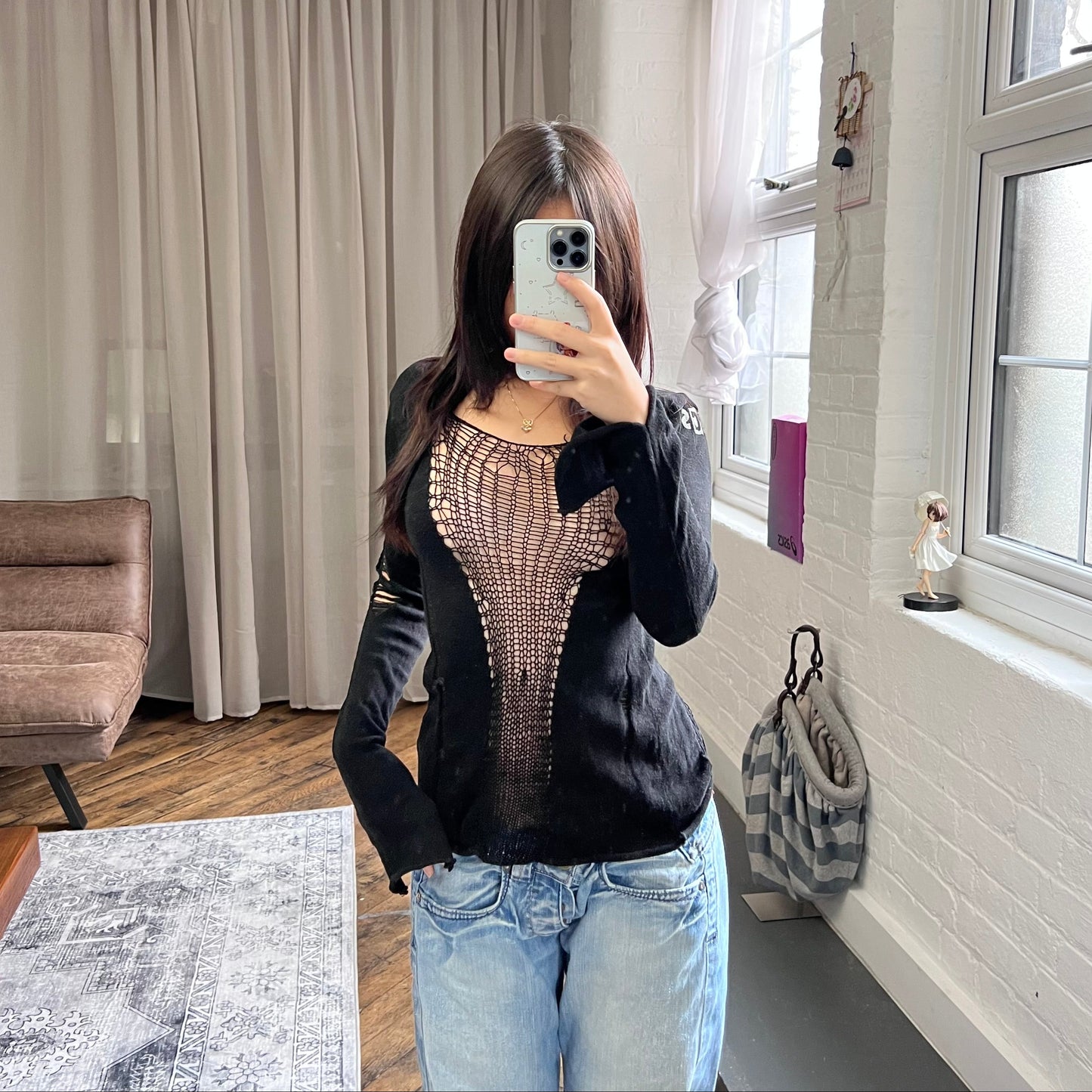 vintage hysterics rock and punk black long sleeve cobweb open distressed knit top