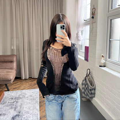 vintage hysterics rock and punk black long sleeve cobweb open distressed knit top