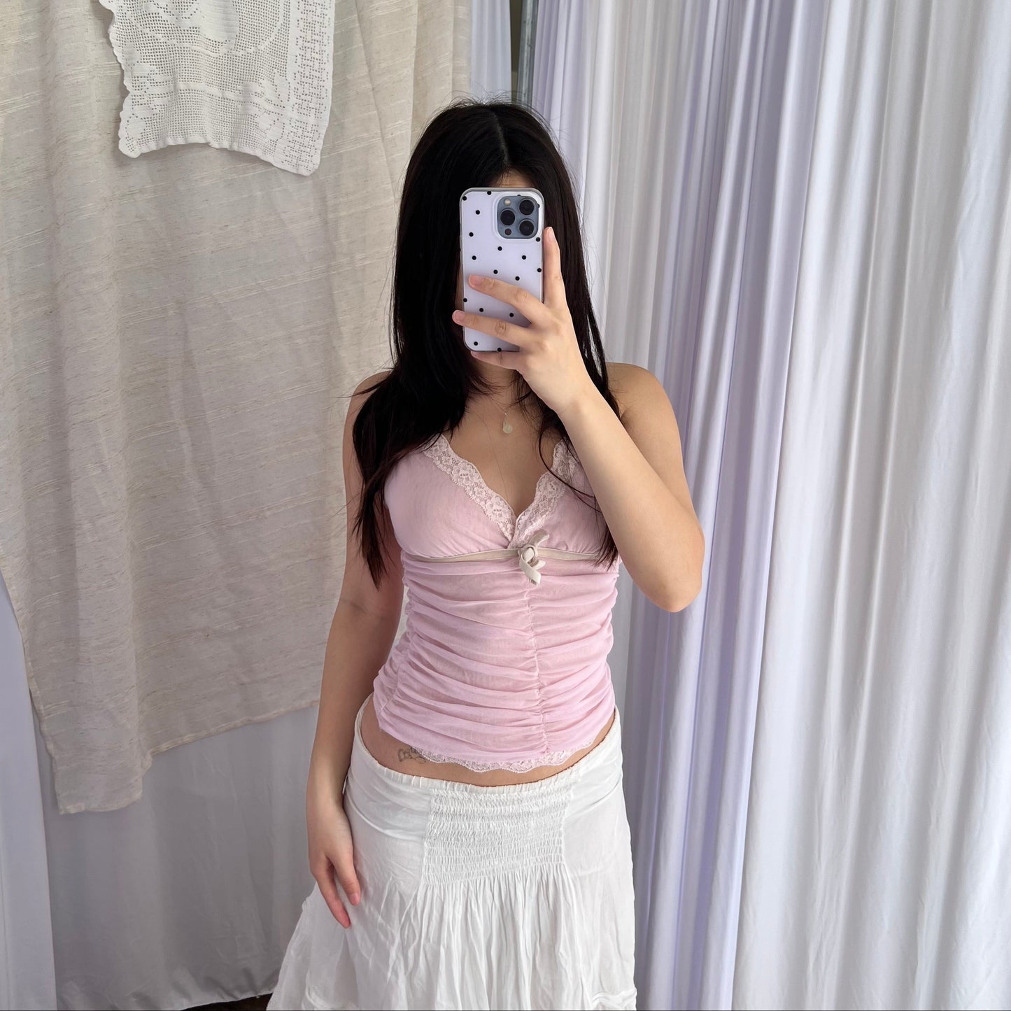 Miss Tokyo Baby Pink White Ruched Ivory Velvet Trim Lacey Camisole