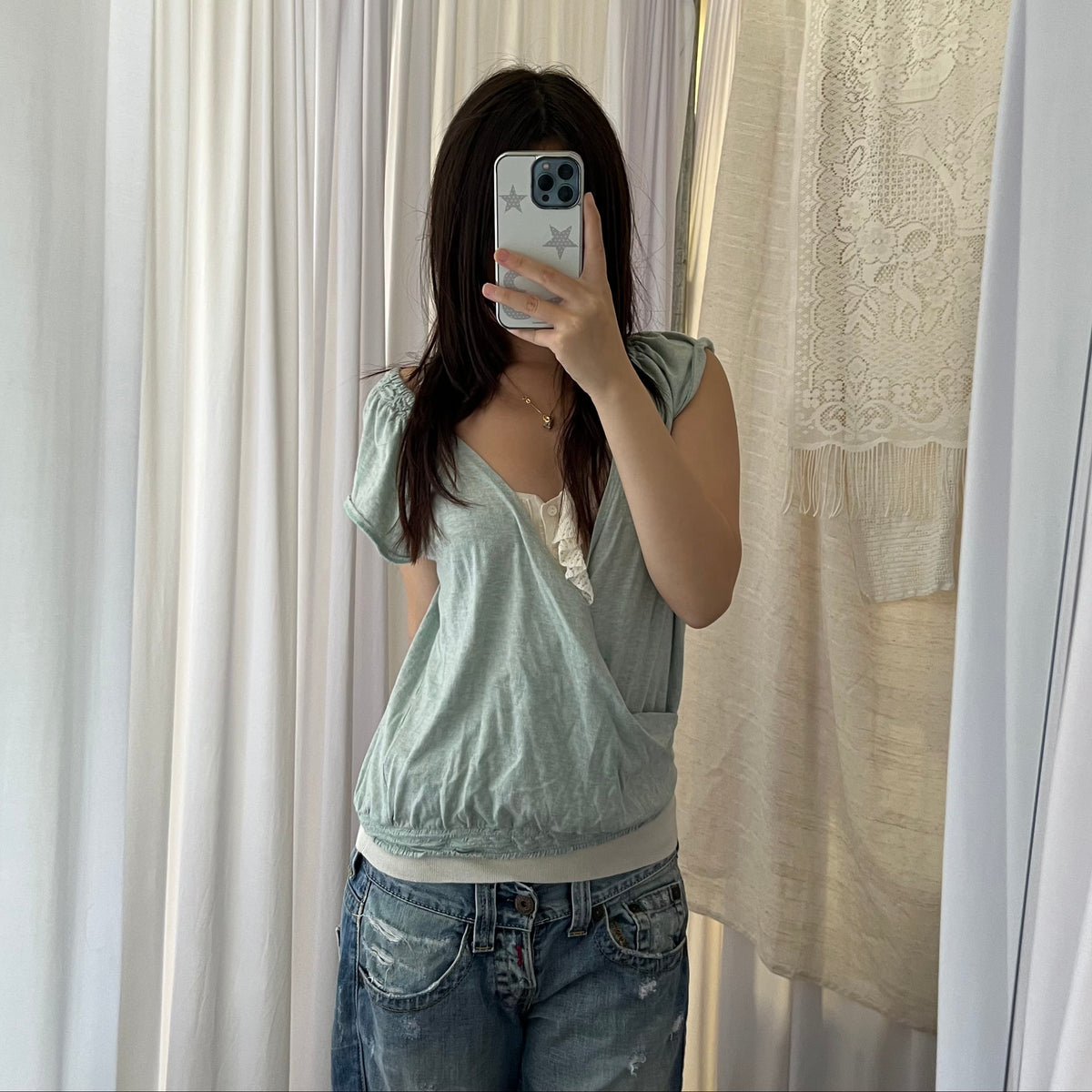 Tsumori Chisato Cotton Cashmere Mint Green Shirred Draped Wrap Style Blouson Shirt