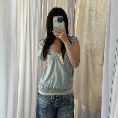 Tsumori Chisato Cotton Cashmere Mint Green Shirred Draped Wrap Style Blouson Shirt