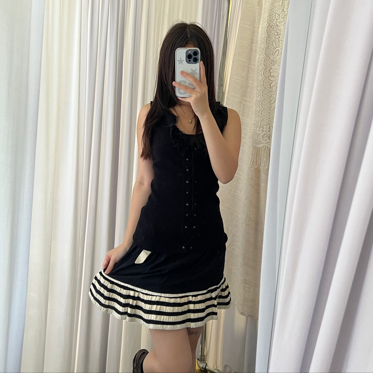 Fornarina Black Cream Drop Waist Striped Ribbon Wide Pleat Mini Skirt