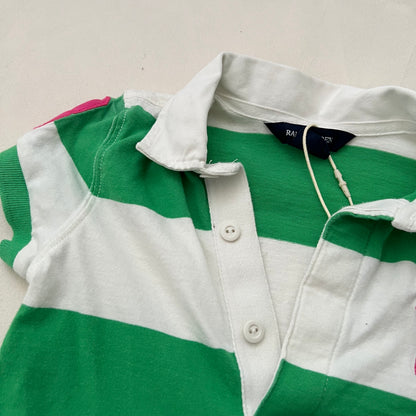 White Green Striped Hot Pink Logo V Neck Polo Shirt