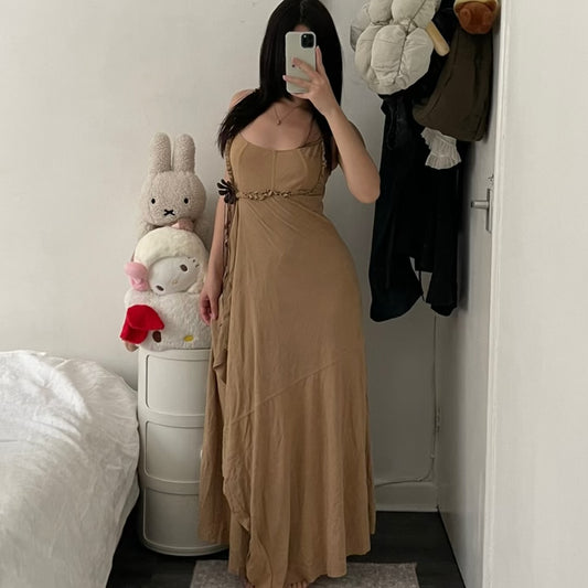 bouche a bouche faux suede brown eurosummer boho wooden flower maxi dress