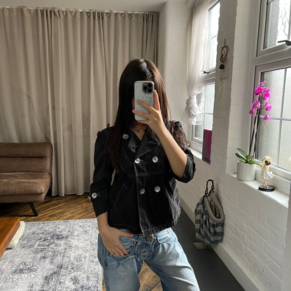 black 3/4 sleeve 3suisses corpcore crop silver button collared trench coat jacket