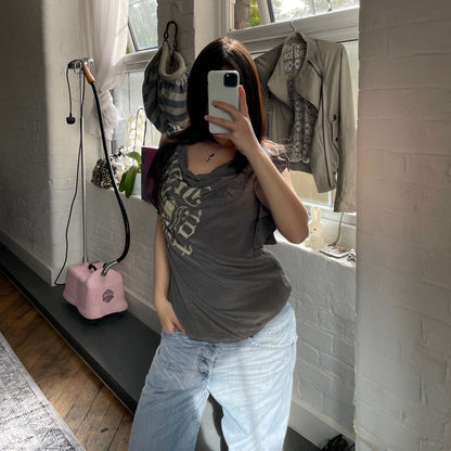 piezak 深灰色丝绸文字图案束腰上衣