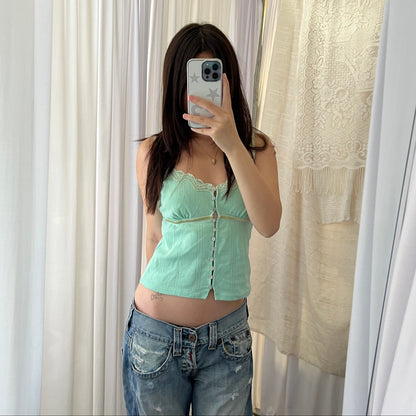 Camieu Mint Green Lace Trim Picot Lace Button Camisole