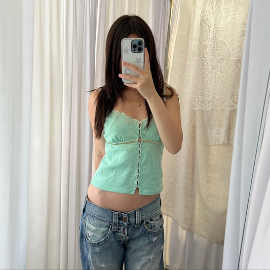 Camieu Mint Green Lace Trim Picot Lace Button Camisole