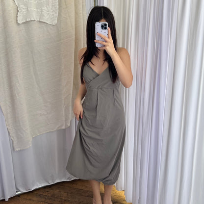 Sarah Pacini Khaki Grey Wrap Bust Balloon Hem Midi Dress