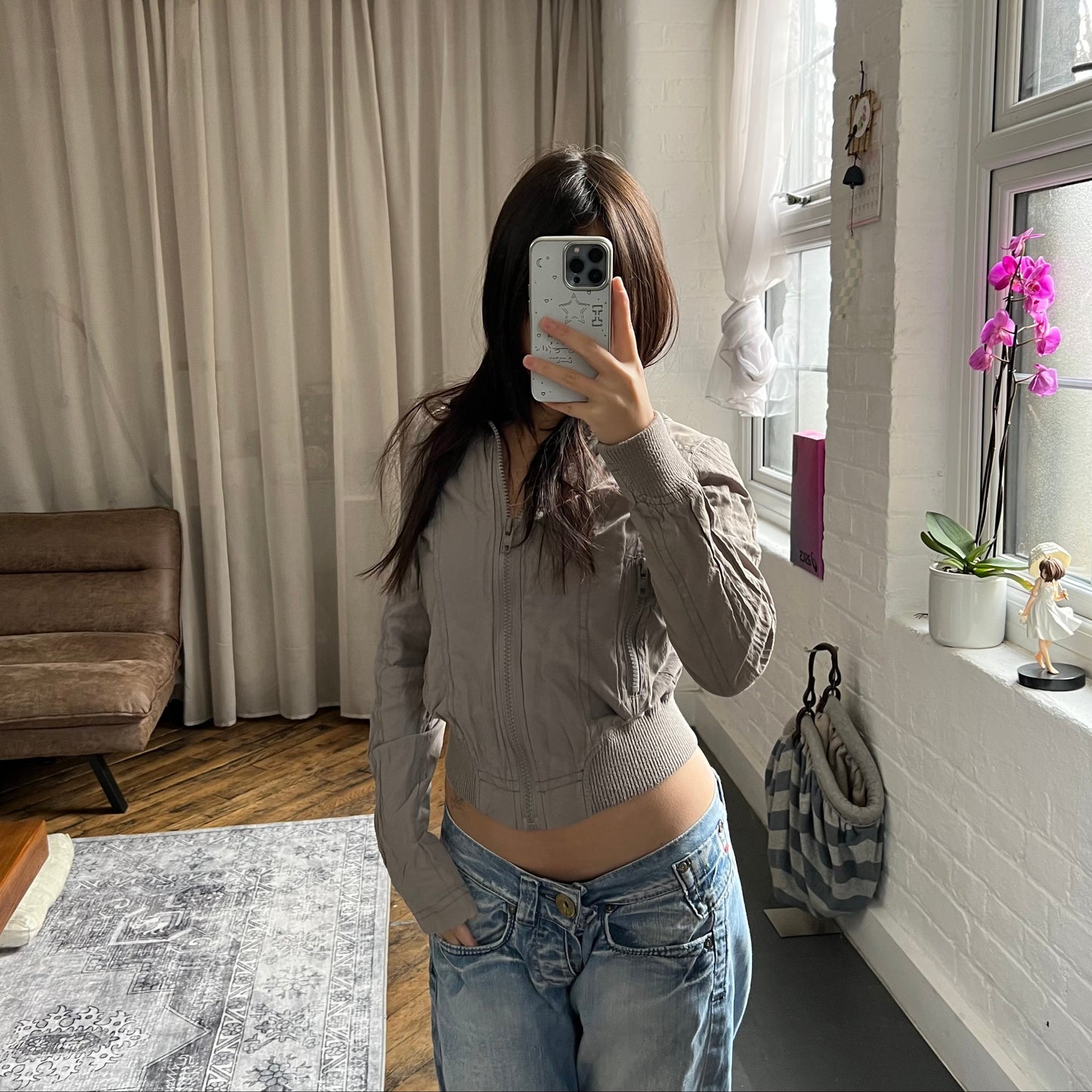 utility clockhouse greige high neck button long sleeve bomber blouson jacket