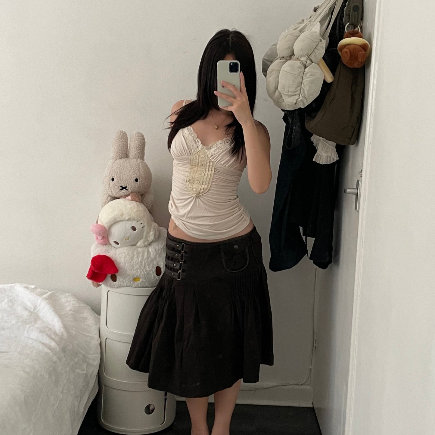 annarita n western boho utility buckle pocket pleated brown midi skirt
