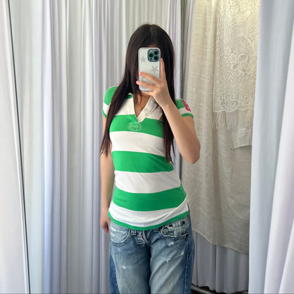 White Green Striped Hot Pink Logo V Neck Polo Shirt